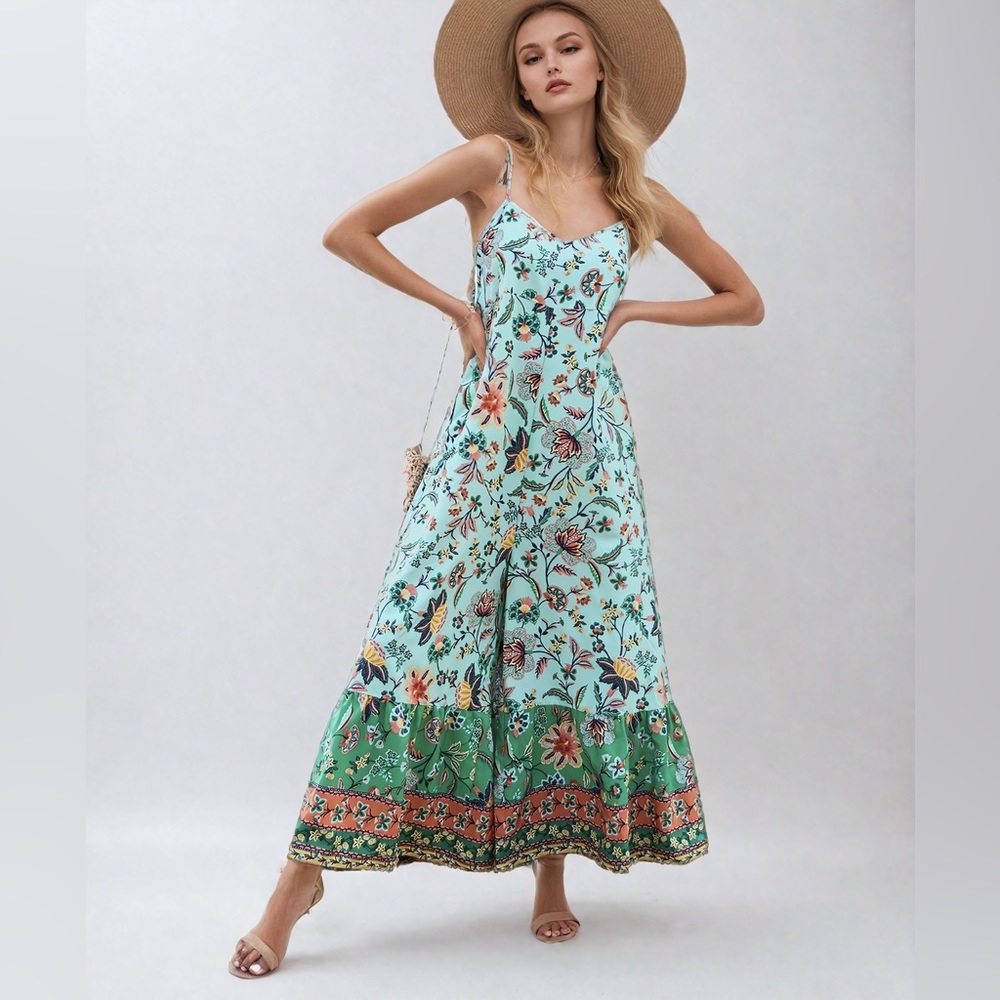 Boho Floral Print Wide Leg Cami Jumpsuit With Pockets